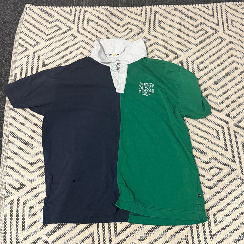 Nautica Navy and Green Split Polo Shirt